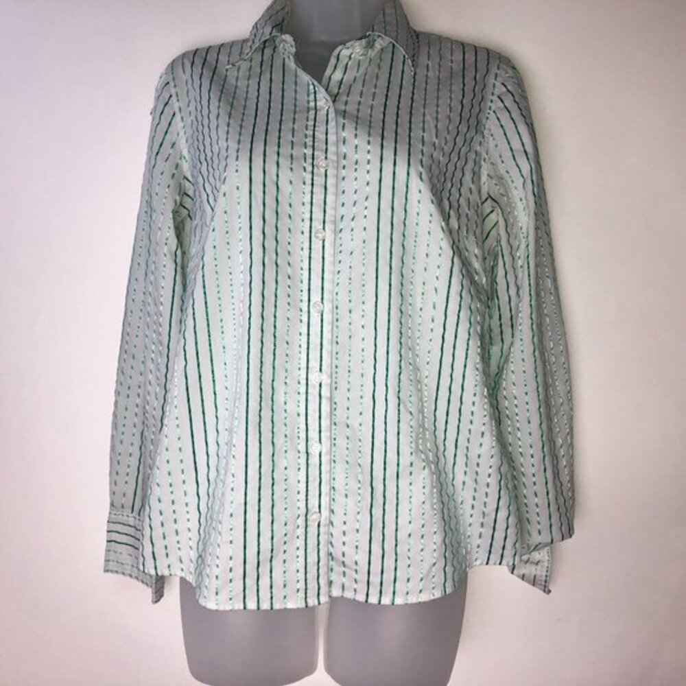 Izod Green Stripes on White Ladies Button Down Shirt Medium